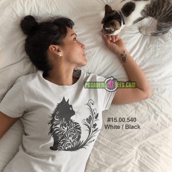 NEW Silhouette Cat Kitten Swirls Floral Red, Royal & White Tee Sz Small up to 1X - Picture 3 of 3